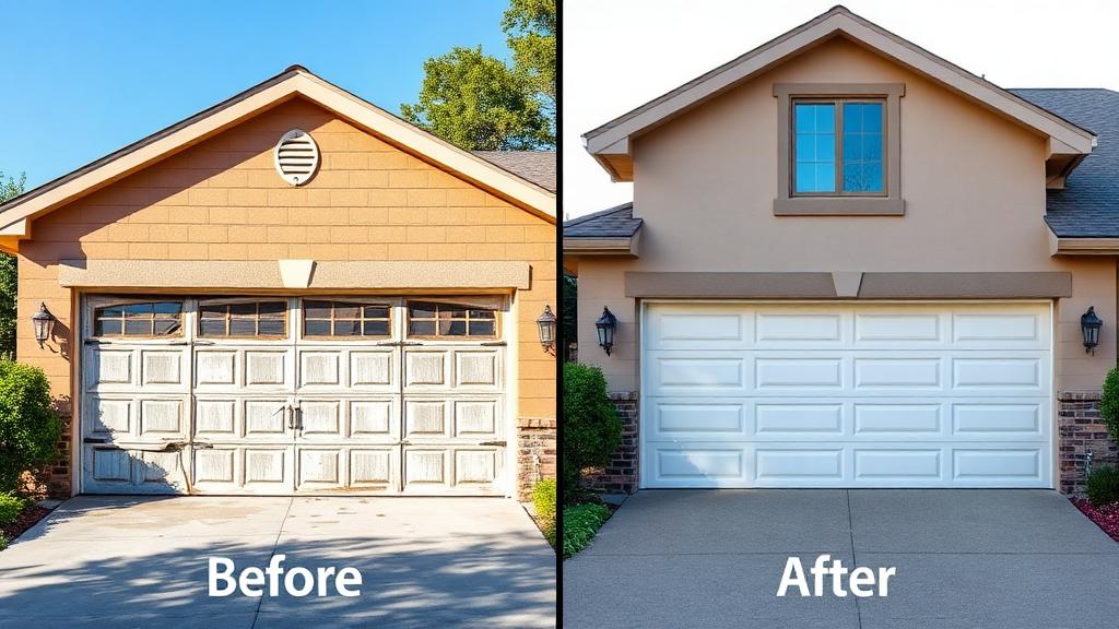 Before and after garage door replacement showing transformation
